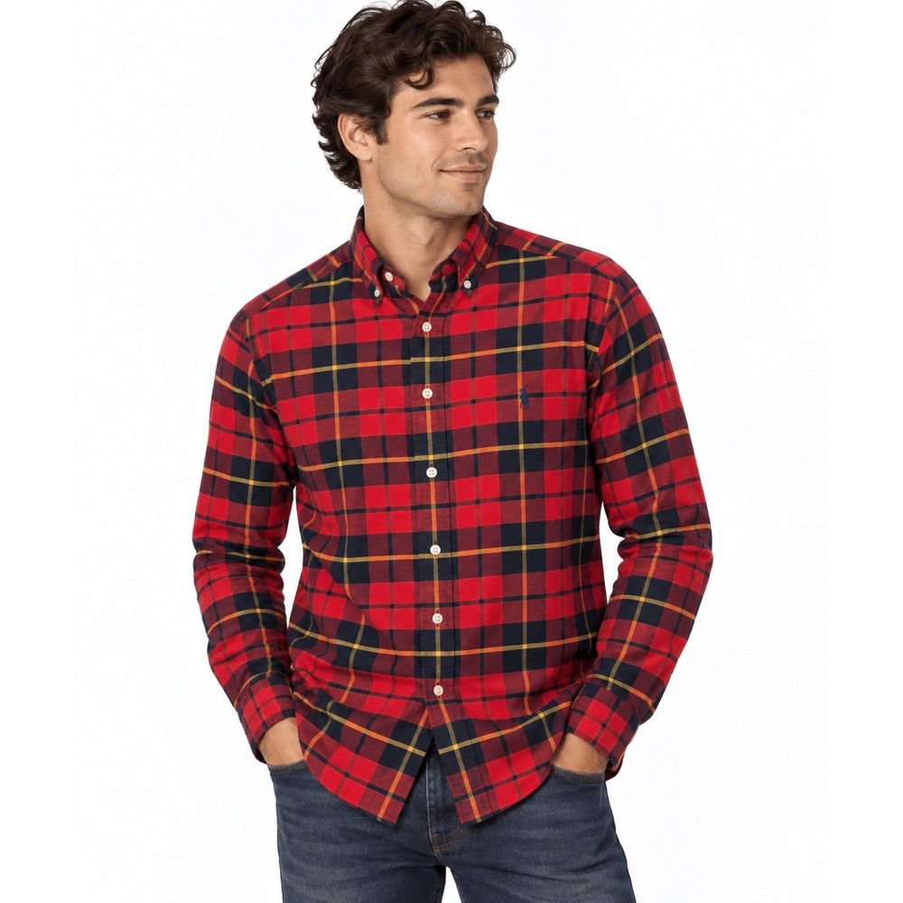 Ralph Lauren Mens Classic Fit Plaid Button Down Shirt Red Black Yellow Small
